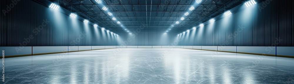 Poster empty ice rink with bright lights reflecting on the smooth surface.