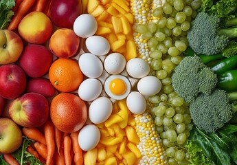 Vibrant Display of Fresh Fruits, Vegetables, and Eggs Arranged in a Colorful Pattern on a Wooden Surface for Healthy Eating Concept
