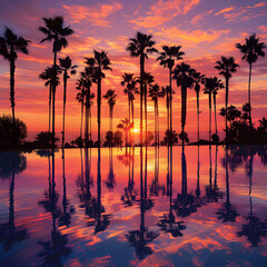 Vivid Tropical Sunset with Swaying Palm Trees and Mirrored Reflections on Calm Waters Evoking Tranquil Paradise