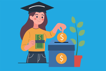 A Vector illustration of a student contributing to a college fund. Great for websites, brochures, and social media posts promoting financial planning for higher education.