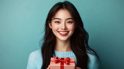 Fototapeta premium A joyful woman in a pink sweater presents a gift against a teal background, perfect for holiday cards, birthday celebrations, or promotional materials.