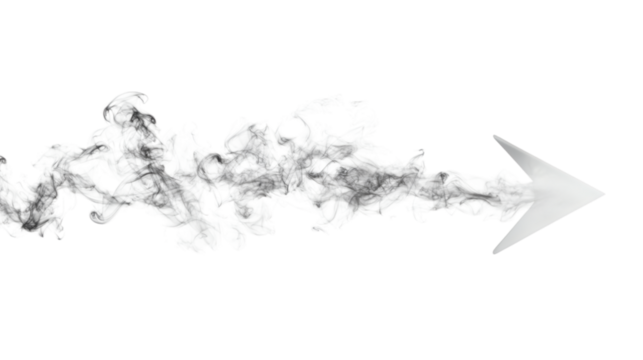 White arrow formed with soft smoke trails isolated on white background