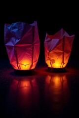 Elegant close-up of glowing paper lanterns with orange light on dark reflective background