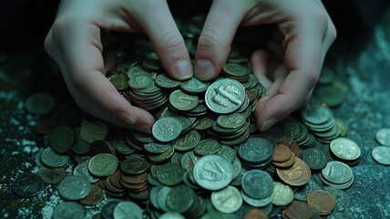 Hands sorting through a pile of assorted vintage coins.
