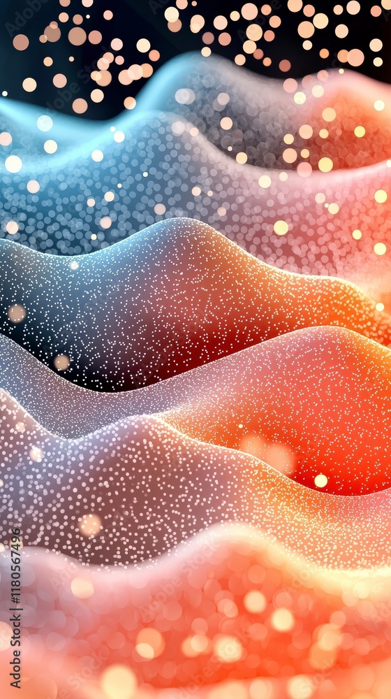 Poster abstract wave patterns with soft color gradients and glowing particles for background or design use