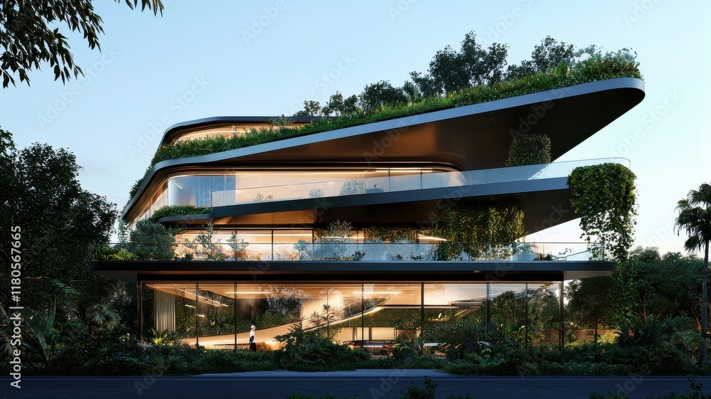 Poster modern architectural design with greenery and sleek lines.