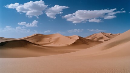 Golden desert dunes ripple under a vibrant blue sky dotted with fluffy clouds, capturing the serene beauty and endlessness of the sandscape.