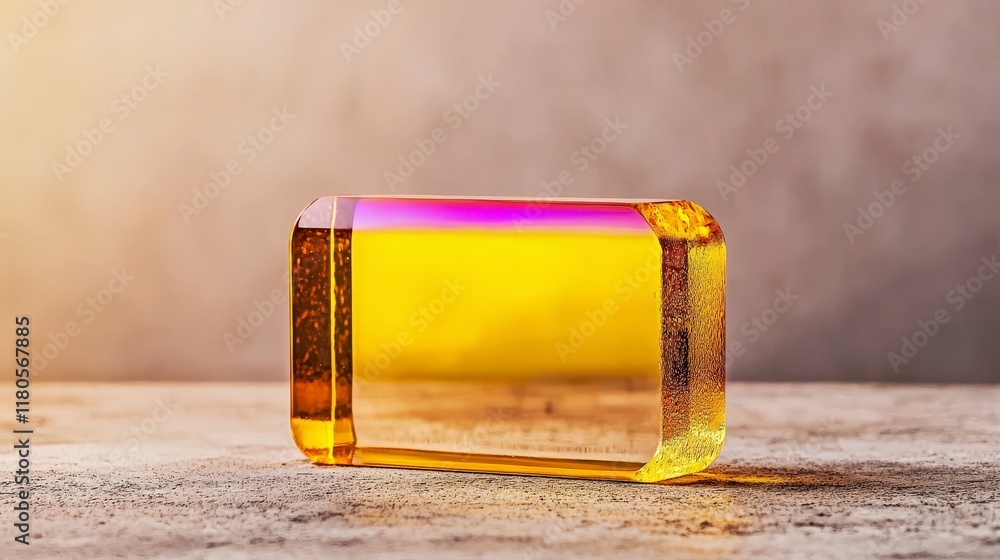 Poster a glimmering yellow gemstone block reflecting light on a textured surface in a soft natural environm