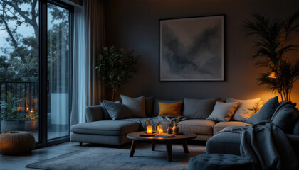 Cozy modern living room night with a large window, a gray sectional sofa, a coffee table with candles, and a painting on the wall.