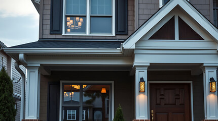 Fototapeta premium Two-Story House Exterior with Porch and Lanterns