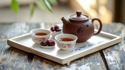Red clay teapot, teacups, and dried fruit on a tray.