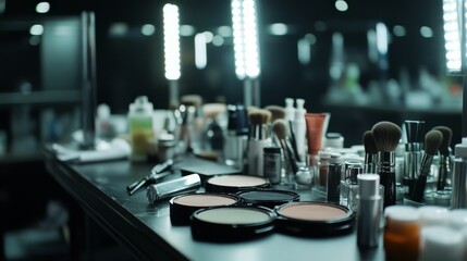Naklejka premium A makeup station with an array of cosmetics and brushes, illuminated by studio lights, awaits transformation and creativity.