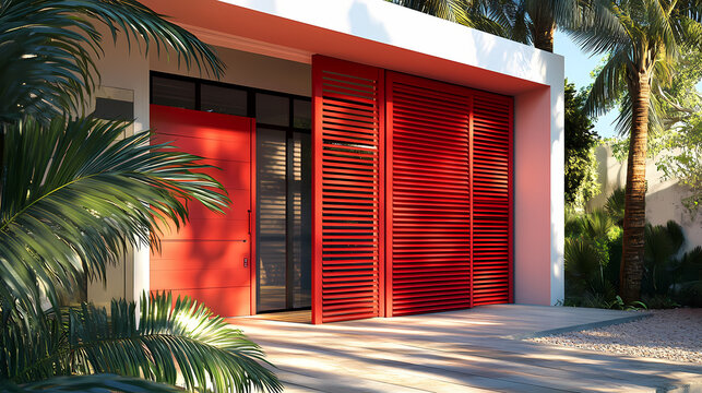 Lower level residence features automatic red roller shutters cover exterior entrance doors. Leafveil. Illustration