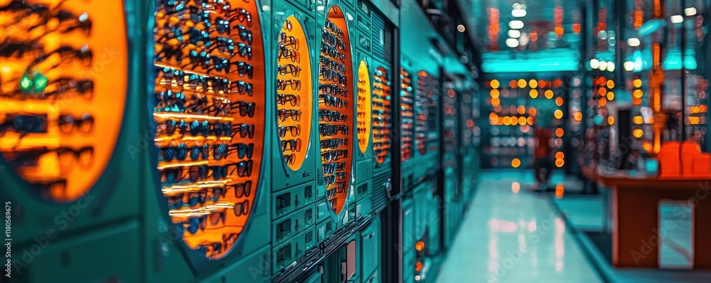 Poster vibrant, modern data center showcasing advanced computer systems.
