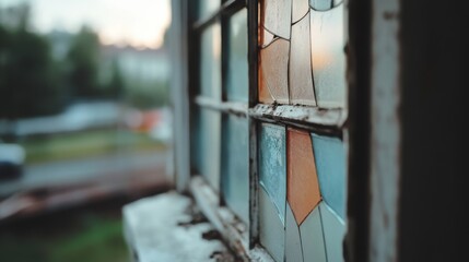 Rusty, colorful stained glass adorns a weathered window, casting vibrant patterns inside a timeworn building.