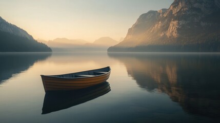 Serene sunrise over calm lake with small rowboat. (3)