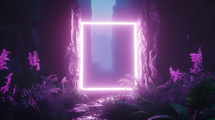 Glowing Neon Frame in a Purple Mystical Landscape