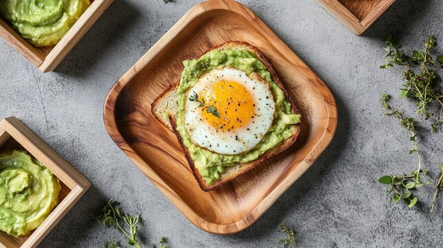 wooden plates with avocado toast and eggs in the middle on the table background. Product photography. breakfast recommendation