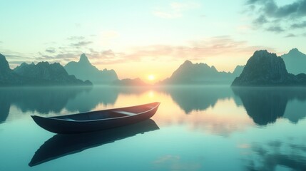 Serene sunset over calm lake with small boat. (9)