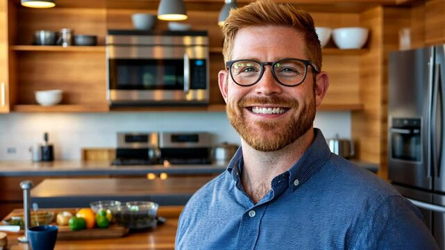Smiling man in casual attire poses in modern kitchen showcasing culinary lifestyle and creativity
