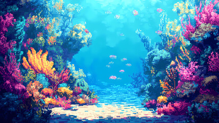 Obraz premium Retro underwater video game scene with vibrant coral reef pixel art style nostalgic color palette and whimsical sea creatures create an immersive aquatic gaming environment. Leafveil. Illustration