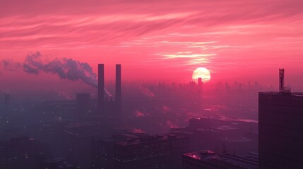 Pink sunset over industrial city skyline with smoke stacks.