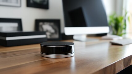 Modern device on wooden desk.