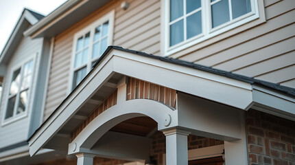 Fototapeta premium Close-up view of a house's exterior, focusing on a porch's arched entryway with wood detailing under a grey roof. The house features light beige siding and white-framed windows.