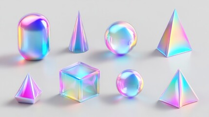 Holographic geometric shapes on white background.
