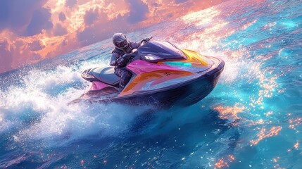 Person riding jet ski at sunset.