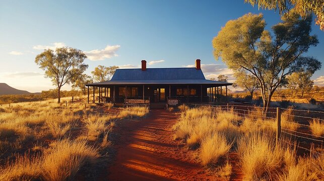 Outback homestead sunset, arid landscape