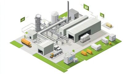Obraz premium Isometric illustration of a modern industrial facility with transport and automated systems.