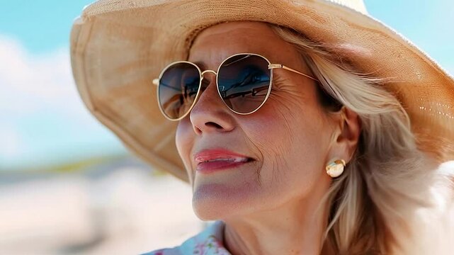 60 year old woman enjoying herself on the beach, wearing sunglasses and a hat