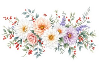 Obraz premium Beautiful floral arrangement with dahlias, berries, and leaves display