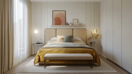 modern bedroom with light wood flooring, white walls, and a beige headboard. cozy bedroom inspiration