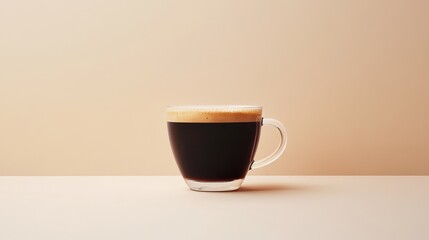 Obraz premium a glass cup of coffee black americano with coffee foam with a beige and white background