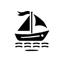 Sailboat Icon: A simple and elegant black silhouette of a sailboat with a flag, navigating on wavy water. Perfect for nautical themes, travel, adventure.