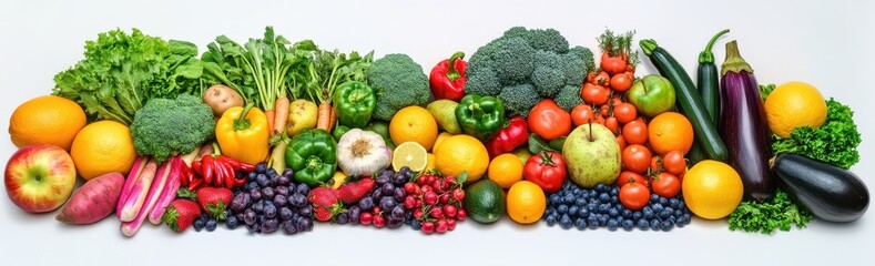 Colorful Arrangement of Fresh Fruits and Vegetables Showcasing a Variety of Textures, Shapes, and Vibrant Colors on a White Background
