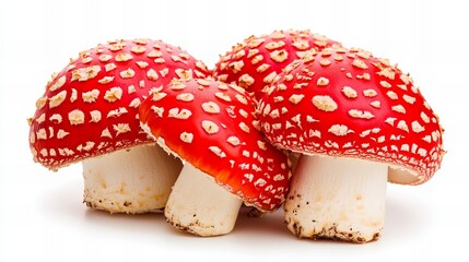 Obraz premium Close-up of vibrant red mushrooms with white spots against a stark white background.
