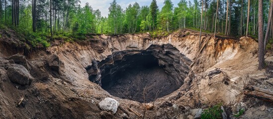 Large sinkhole in a forest.