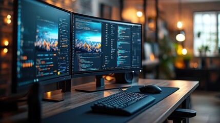 Fototapeta premium Triple monitor coding setup, keyboard, mouse.