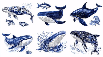 Blue whale illustrations, marine wildlife set, ocean animals, underwater creatures, sea life, aquatic mammals.