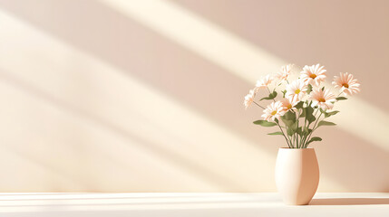 Fresh flowers in vase with sunlight streaming through, creating warm ambiance