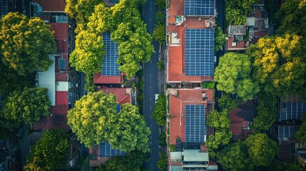 Aerial view of residential rooftops with solar panels and lush trees.