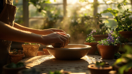 A serene moment of pottery-making in a greenhouse, hands delicately molding clay on a sunlit wheel, surrounded by potted plants and trailing ivy