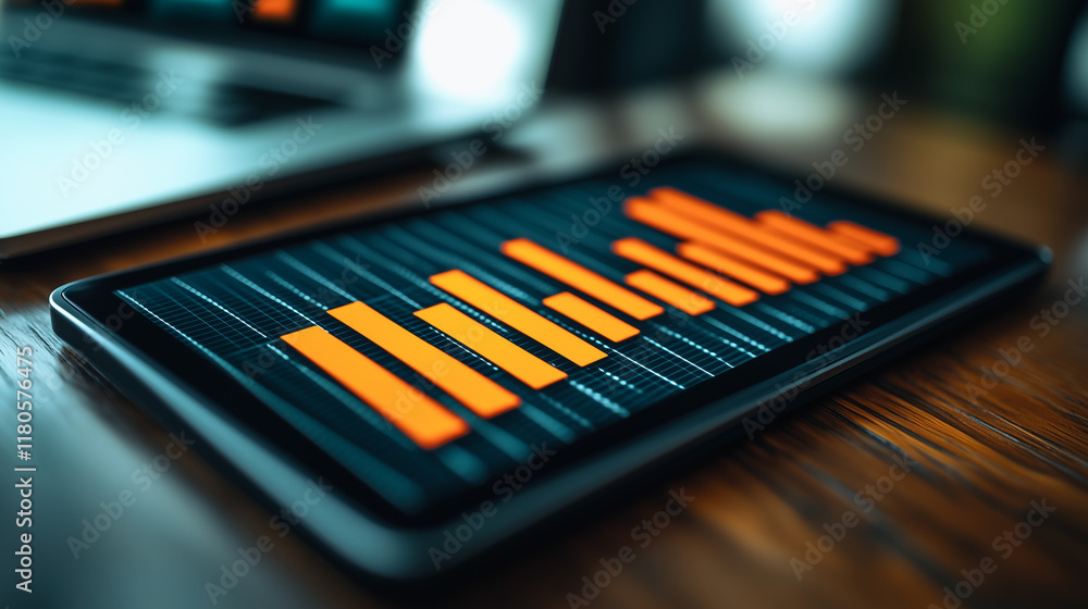 Poster upward trend: a close-up shot of a smartphone displaying a bar graph on its screen, showcasing a pos