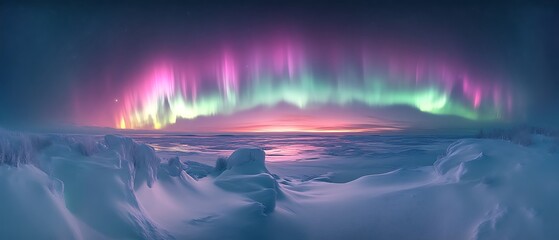 Fototapeta premium Arctic aurora borealis over snowy landscape.