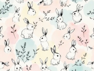 Seamless pattern of cute hand-drawn bunnies with delicate pastel florals