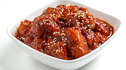 Fried chicken with spicy red sauce with a thick texture and a few sprinkles of leaves on a white plate