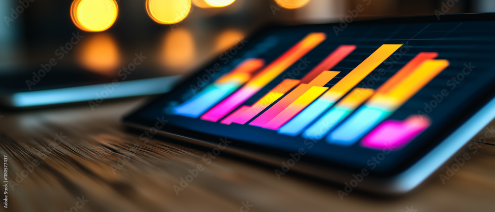 Poster data-driven insights: colorful bar graph displayed on a tablet, illuminated against a warm, blurred 